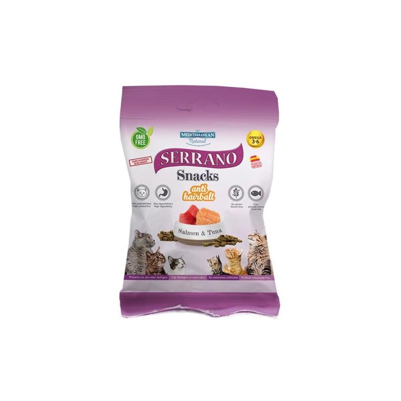 MDT SERRANO SNACKS GATOS SALMON-ATUN Y ANTI HAIRBALL 50GR